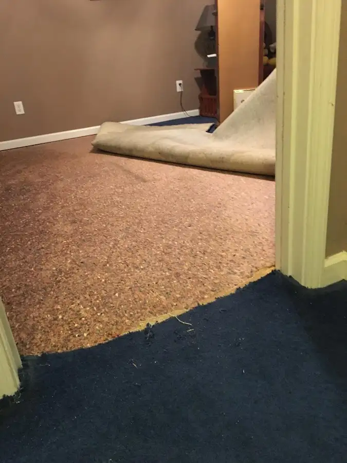 Carpet pad removal revealing water damage during Water Mitigation Services in Shawano